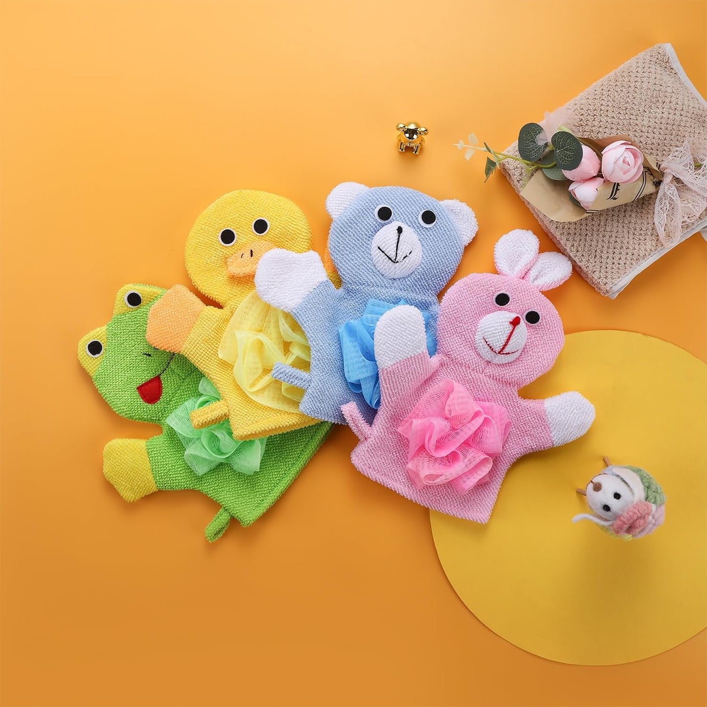 2 Pack Cute Animal Bathing Gloves Kids Sponges for Bathing Loofah Gloves Shower Kids Body Scrub (Duck and Rabbit)
