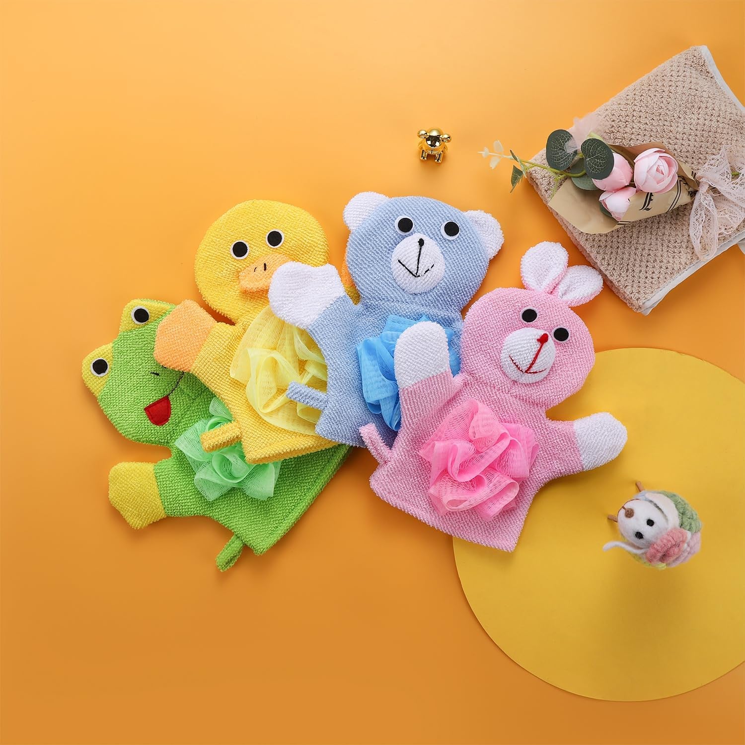 2 Pack Cute Animal Bathing Gloves Kids Sponges for Bathing Loofah Gloves Shower Kids Body Scrub (Duck and Rabbit)