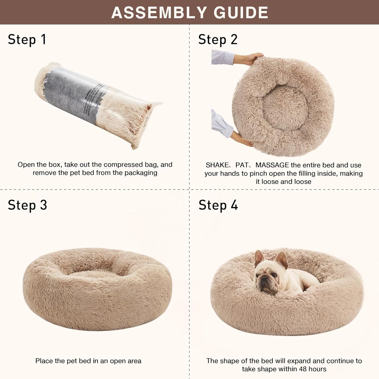Premium Calming Donut Cat Bed - Fluffy Faux Fur Anti-Anxiety Pet Bed for Small to Medium Cats and Dogs - Washable Design, 24-Inch, Taupe