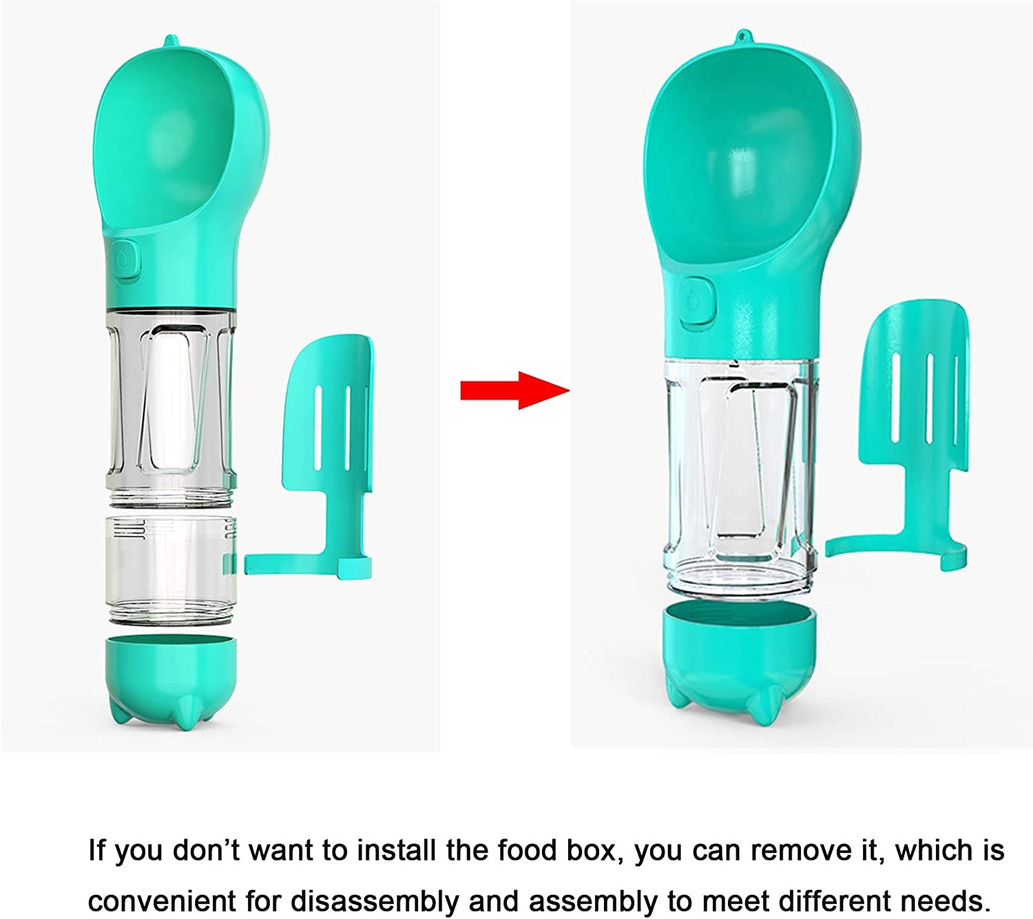 Dog Water Bottle, 4 in 1 Pet Travel Water Cup with Food Box, Shovel,Garbage Bags for Hiking Travel(Turquoise)