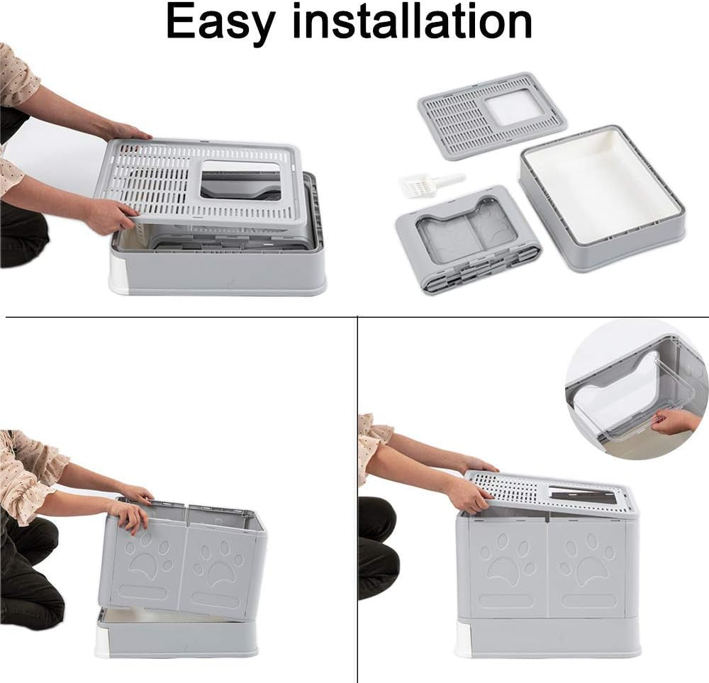 Foldable Large Enclosed Cat Litter Box with Scoop - Top & Front Entry Design in Stylish Gray
