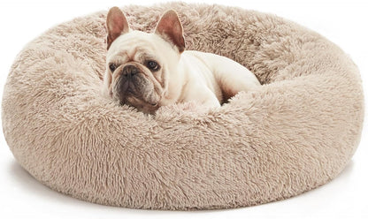 Premium Calming Donut Cat Bed - Fluffy Faux Fur Anti-Anxiety Pet Bed for Small to Medium Cats and Dogs - Washable Design, 24-Inch, Taupe