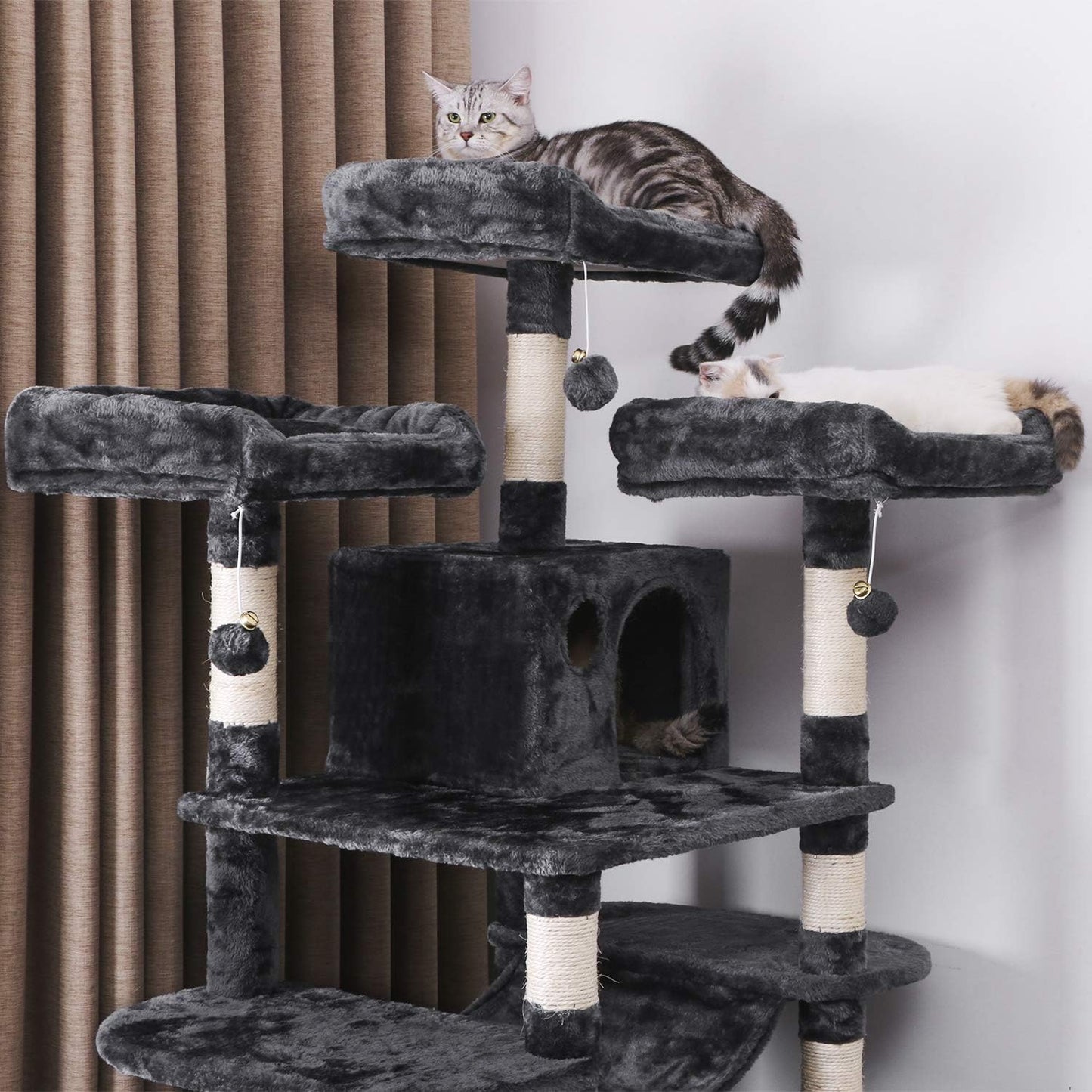 Large Cat Tree Condo with Scratching Posts, Perches & Hammock - Ultimate Indoor Cat Tower & Activity Center in Grey for Happy Kittens & Cats