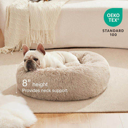 Premium Calming Donut Cat Bed - Fluffy Faux Fur Anti-Anxiety Pet Bed for Small to Medium Cats and Dogs - Washable Design, 24-Inch, Taupe