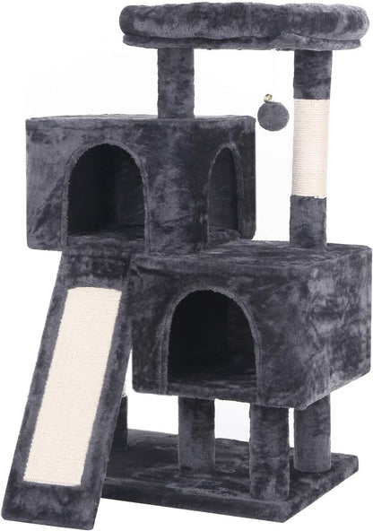 Ultimate Cat Tree Condo - Plush Perch, Dual Houses & Sisal Scratching Posts - Perfect Kitty Activity Center in Stylish Grey