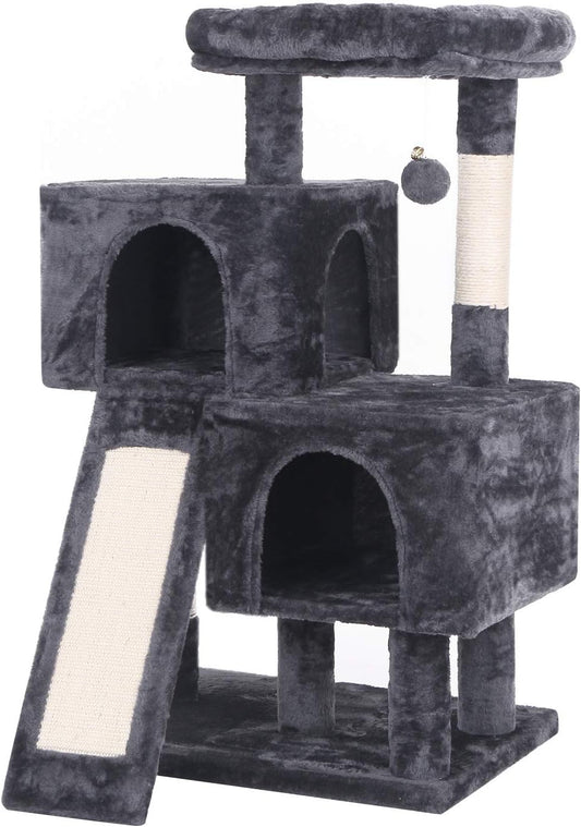 Ultimate Cat Tree Condo - Plush Perch, Dual Houses & Sisal Scratching Posts - Perfect Kitty Activity Center in Stylish Grey