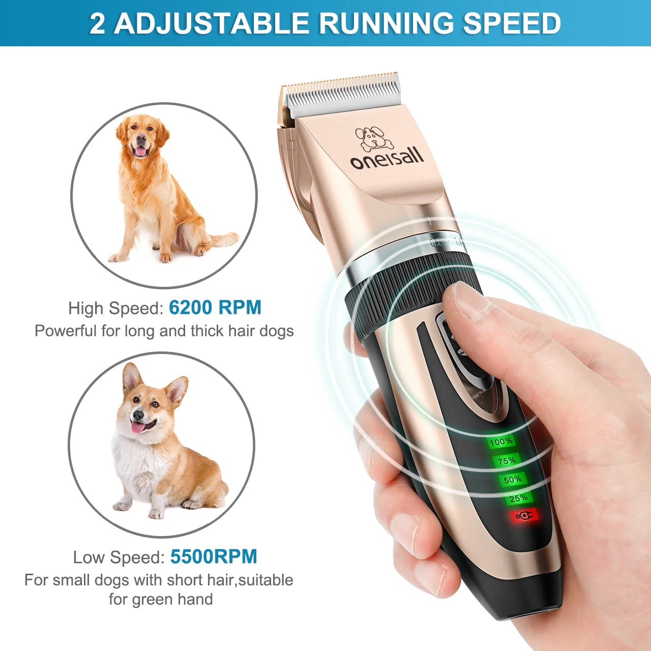 Dog Clippers 50Db Low Noise, 2-Speed Quiet Dog Grooming Kit Rechargeable Cordless Pet Hair Clipper Trimmer Shaver for Small and Large Dogs Cats Animals - Gold