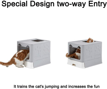 Foldable Large Enclosed Cat Litter Box with Scoop - Top & Front Entry Design in Stylish Gray