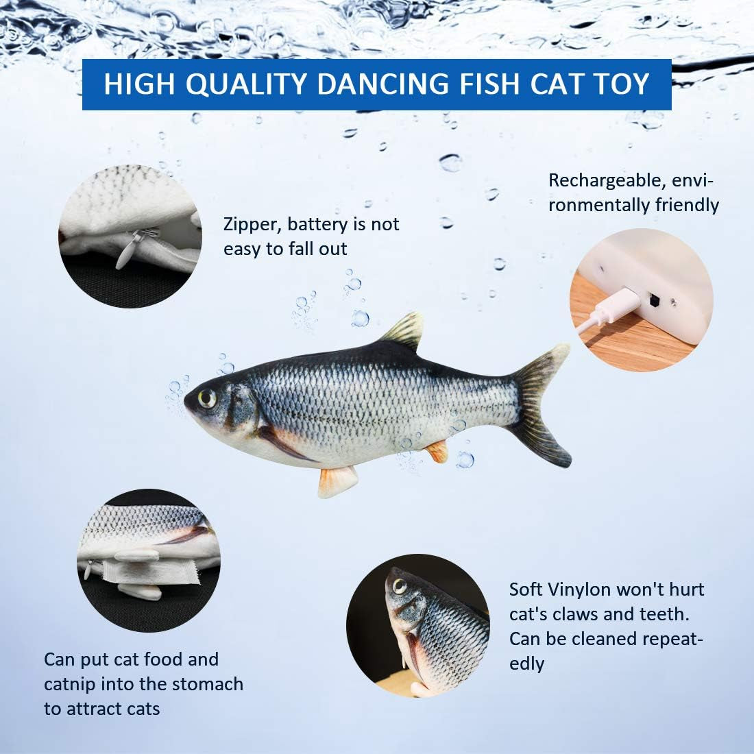 Floppy Fish Dog Toy,Fish Toy,Interactive Cat Toys for Indoor Cats USB Charging,Cat Chew Toy Can Kick and Chew,Kitten Teething Catnip Toys.