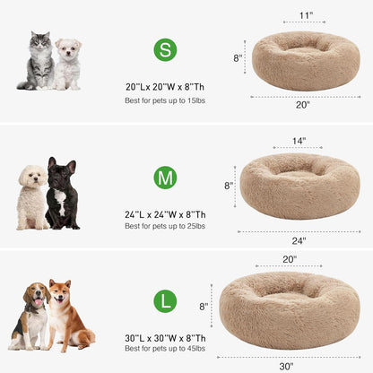 Premium Calming Donut Cat Bed - Fluffy Faux Fur Anti-Anxiety Pet Bed for Small to Medium Cats and Dogs - Washable Design, 24-Inch, Taupe