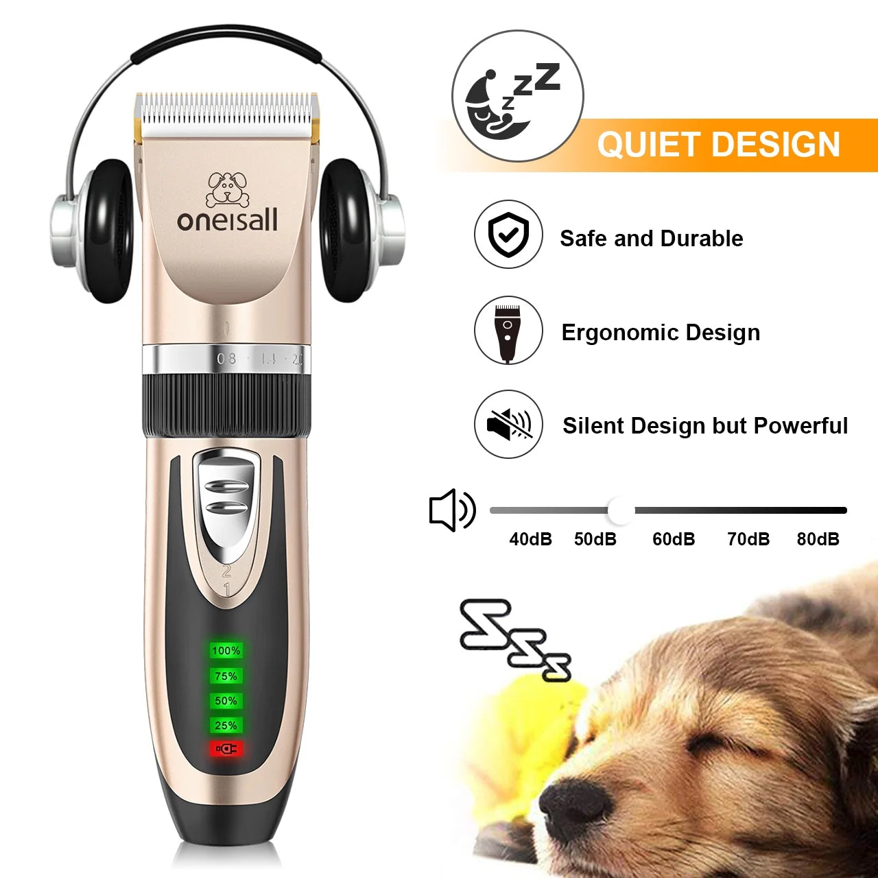 Dog Clippers 50Db Low Noise, 2-Speed Quiet Dog Grooming Kit Rechargeable Cordless Pet Hair Clipper Trimmer Shaver for Small and Large Dogs Cats Animals - Gold