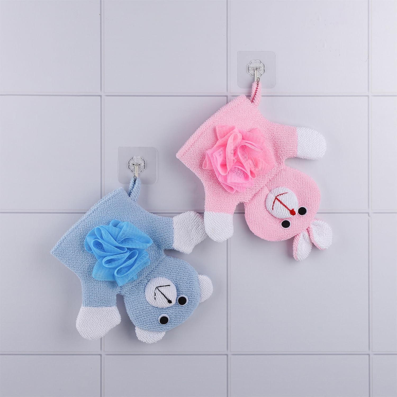 2 Pack Cute Animal Bathing Gloves Kids Sponges for Bathing Loofah Gloves Shower Kids Body Scrub (Duck and Rabbit)
