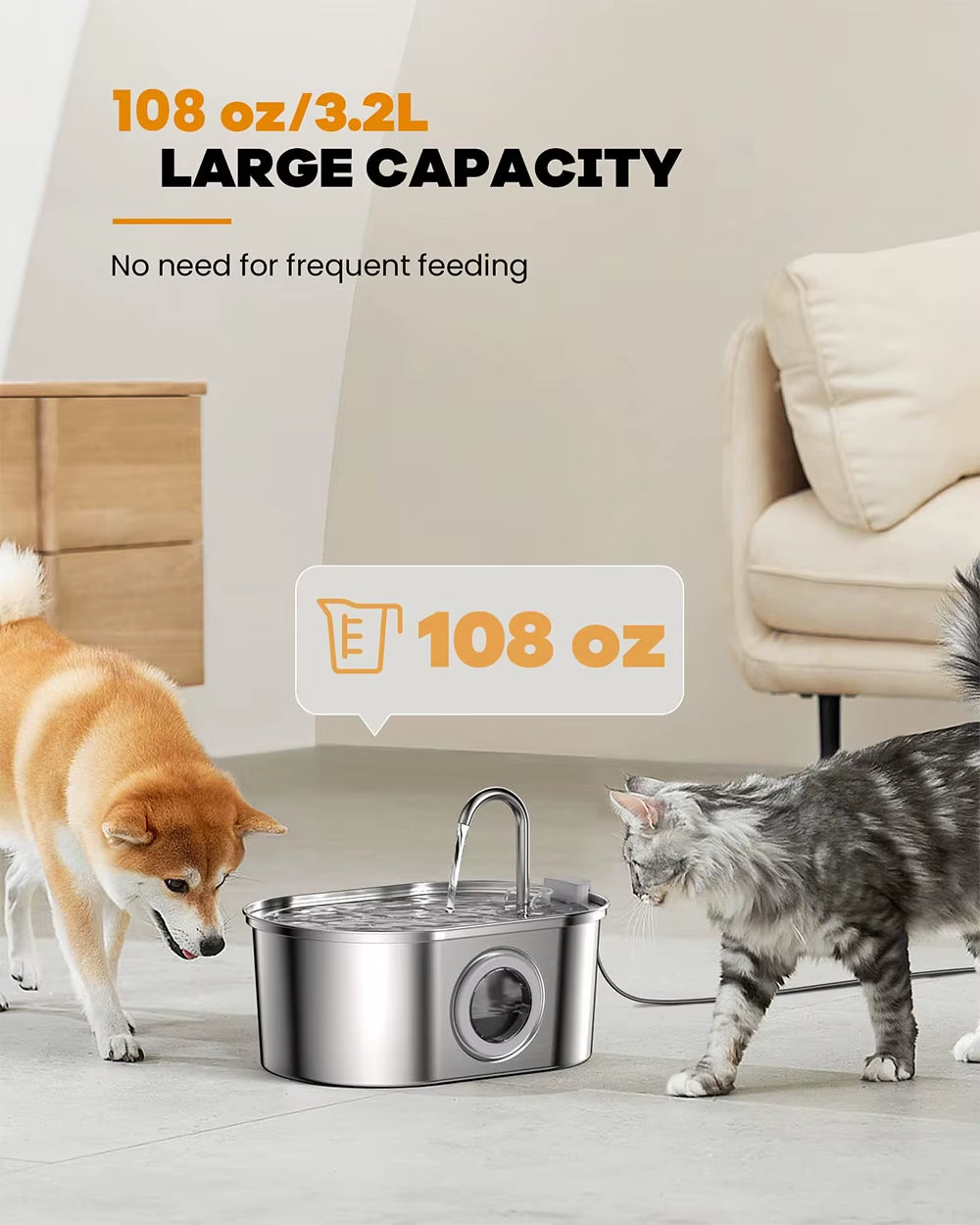 Stainless Steel Cat Automatic Drinking Fountain Dog Drinking Fountain Ultra-Quiet Pet Fountain with Window Cat Water Feeder