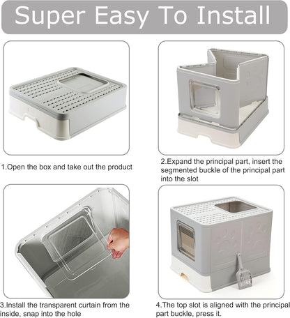 Foldable Cat Litter Box with Lid, Large Top Entry Anti-Splashing with Cat Litter Scoop, Enclosed Plastic Kitty Litter Box with Drawer Type Easy Clean Cat Litter Pan-Gray