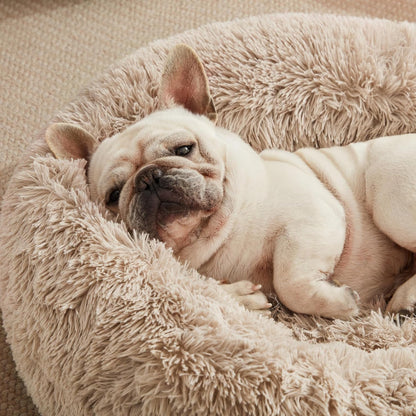 Premium Calming Donut Cat Bed - Fluffy Faux Fur Anti-Anxiety Pet Bed for Small to Medium Cats and Dogs - Washable Design, 24-Inch, Taupe