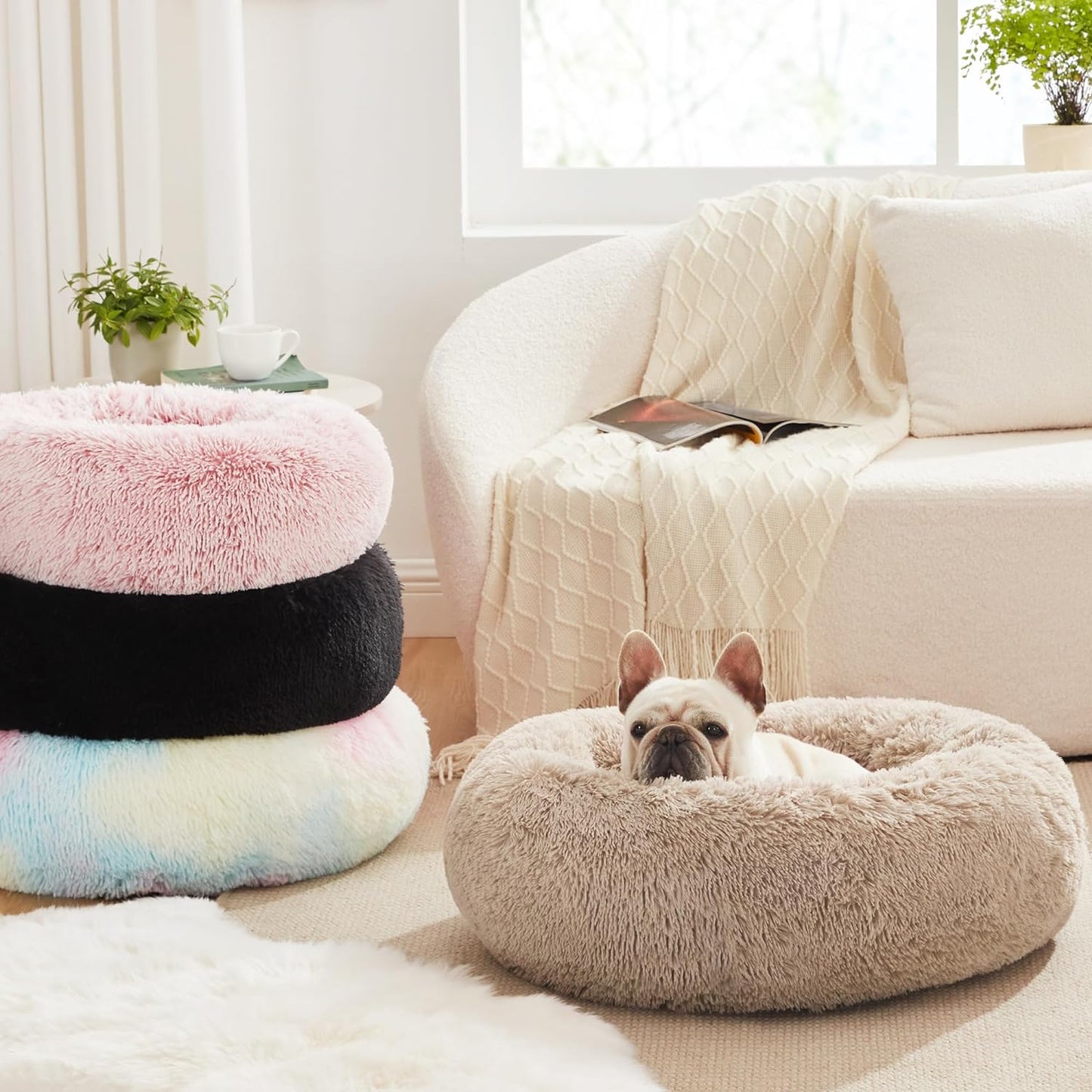 Premium Calming Donut Cat Bed - Fluffy Faux Fur Anti-Anxiety Pet Bed for Small to Medium Cats and Dogs - Washable Design, 24-Inch, Taupe