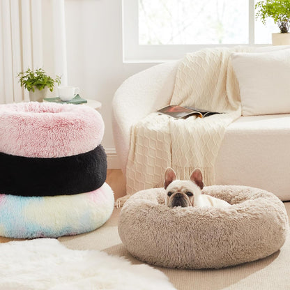 Premium Calming Donut Cat Bed - Fluffy Faux Fur Anti-Anxiety Pet Bed for Small to Medium Cats and Dogs - Washable Design, 24-Inch, Taupe