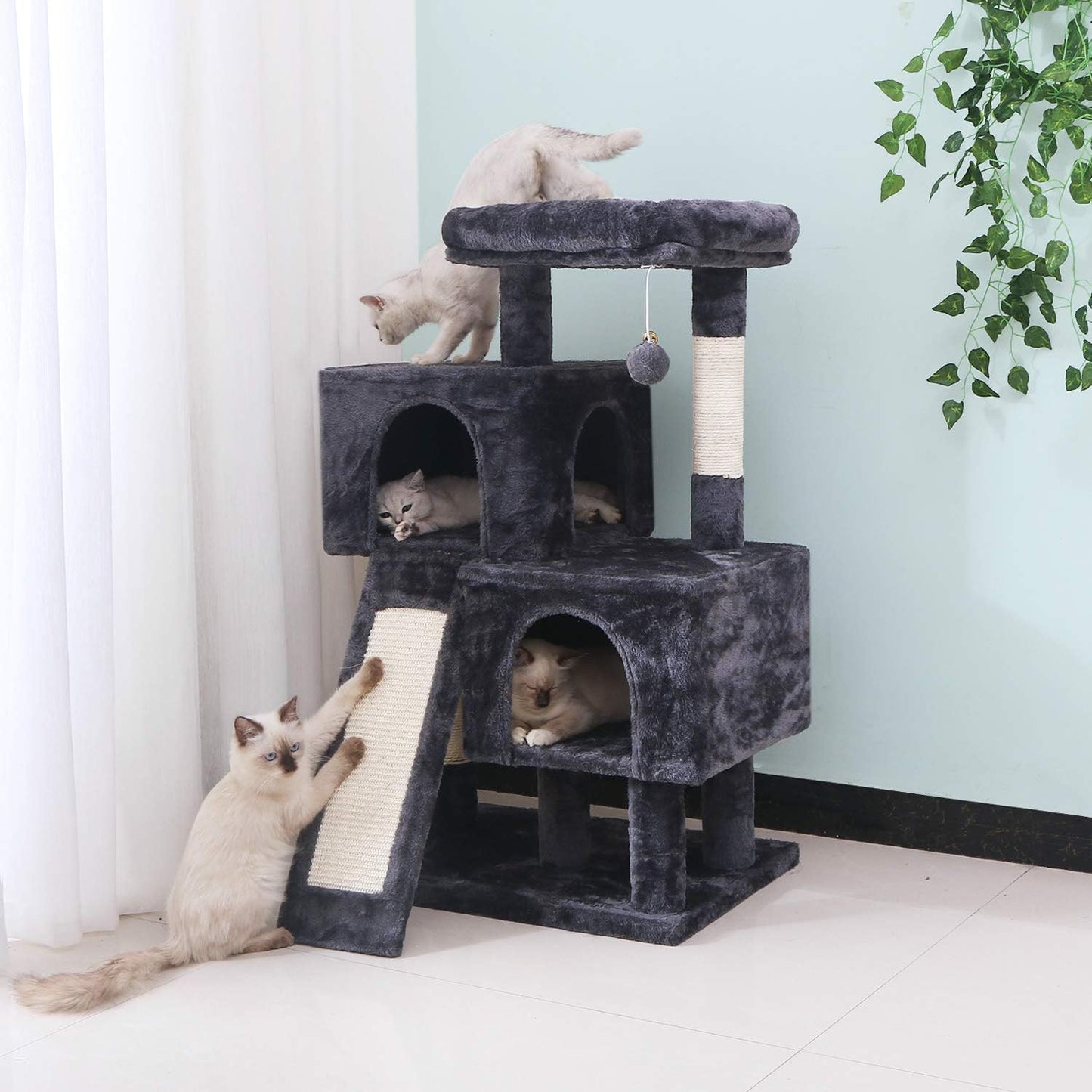 Ultimate Cat Tree Condo - Plush Perch, Dual Houses & Sisal Scratching Posts - Perfect Kitty Activity Center in Stylish Grey