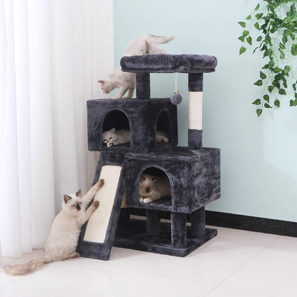 Ultimate Cat Tree Condo - Plush Perch, Dual Houses & Sisal Scratching Posts - Perfect Kitty Activity Center in Stylish Grey