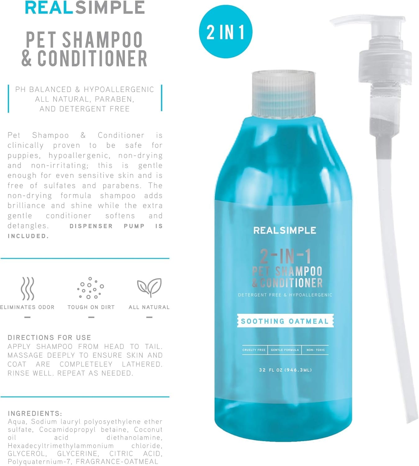2-In-1 All Natural Dog Shampoo and Conditioner – Paraben-Free and Organic Hypoallergenic Dog Shampoo for Smelly Dogs – Pet Shampoo for Dogs & Cats – 32Oz Dog Wash – Soothing Oatmeal