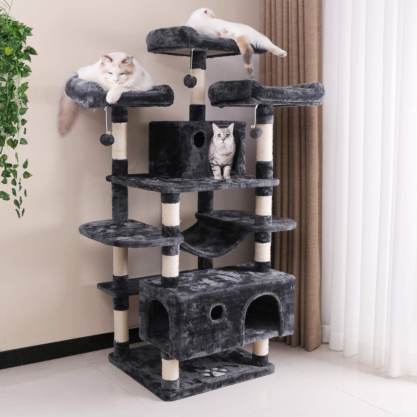 Large Cat Tree Condo with Scratching Posts, Perches & Hammock - Ultimate Indoor Cat Tower & Activity Center in Grey for Happy Kittens & Cats