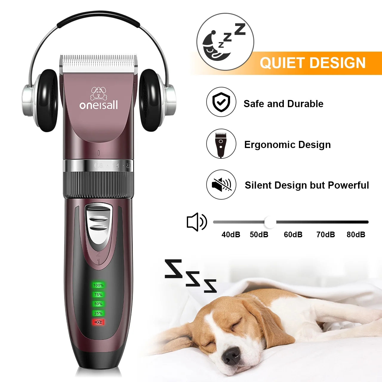 Dog Clippers 50Db Low Noise, 2-Speed Quiet Dog Grooming Kit Rechargeable Cordless Pet Hair Clipper Trimmer Shaver for Small and Large Dogs Cats Animals - Rose(Dark)