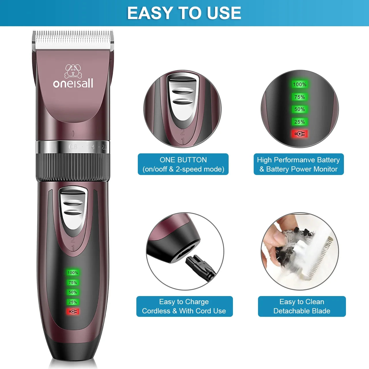 Dog Clippers 50Db Low Noise, 2-Speed Quiet Dog Grooming Kit Rechargeable Cordless Pet Hair Clipper Trimmer Shaver for Small and Large Dogs Cats Animals - Rose(Dark)