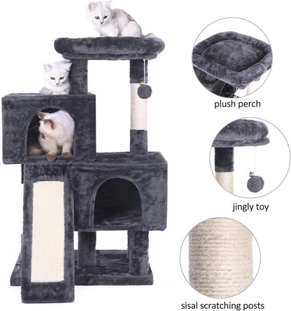 Ultimate Cat Tree Condo - Plush Perch, Dual Houses & Sisal Scratching Posts - Perfect Kitty Activity Center in Stylish Grey