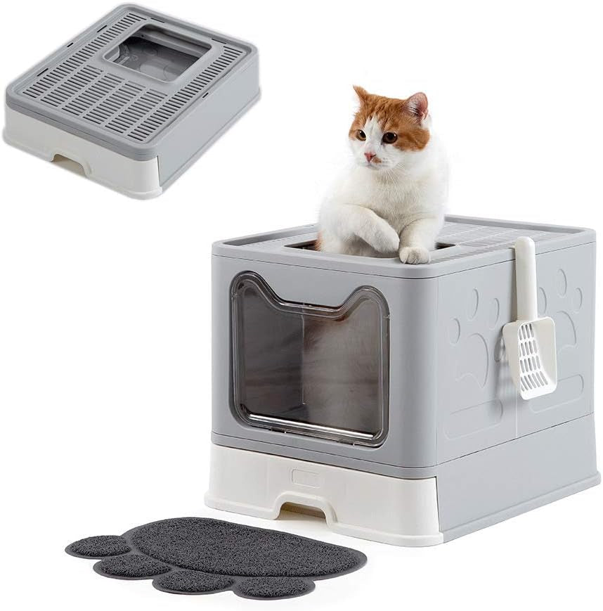Foldable Large Enclosed Cat Litter Box with Scoop - Top & Front Entry Design in Stylish Gray