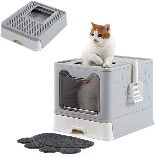 Foldable Large Enclosed Cat Litter Box with Scoop - Top & Front Entry Design in Stylish Gray