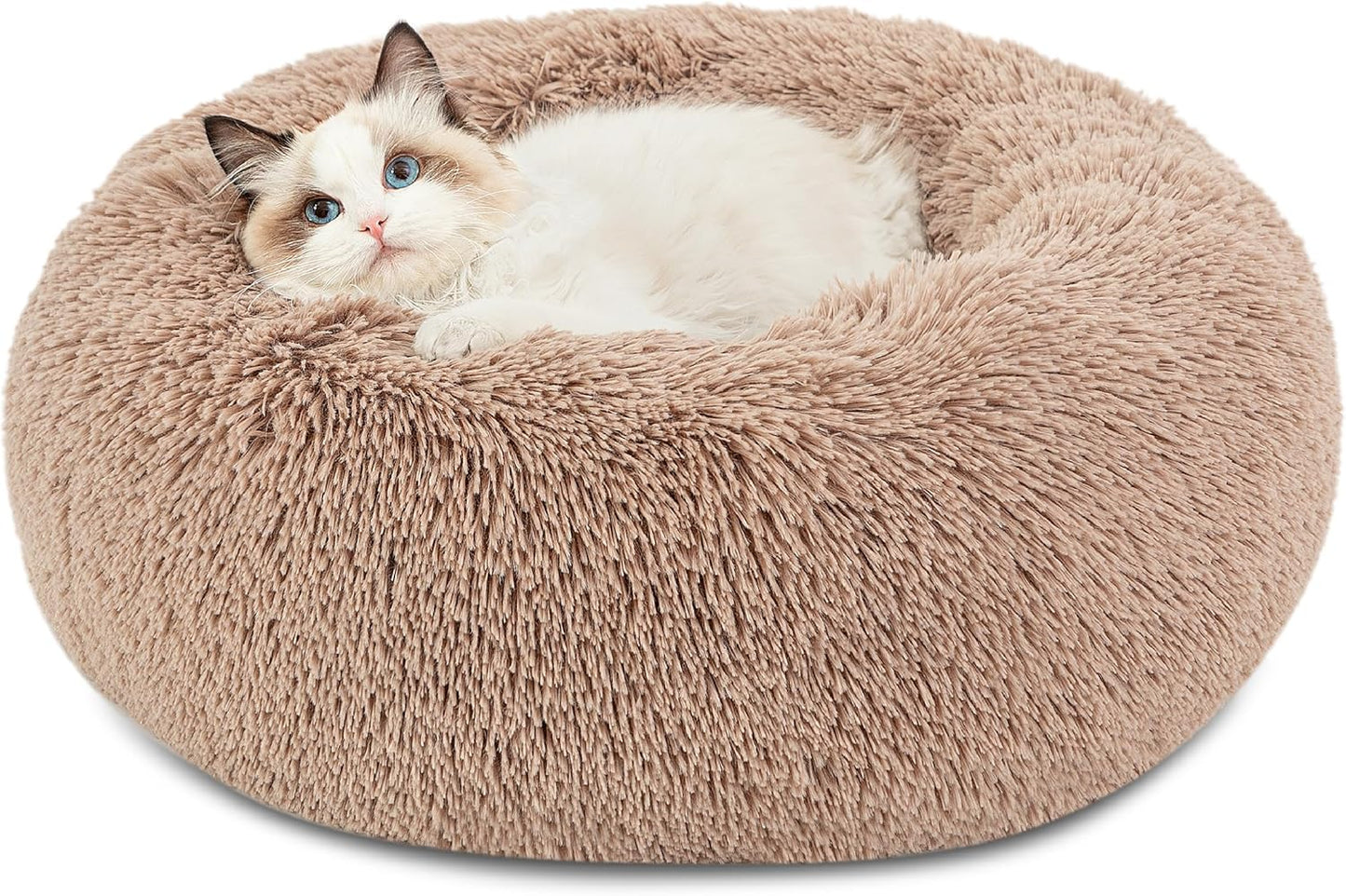 Cozy & Calm: Machine-Washable Round Plush Cat Bed - Anti-Slip 20" Fluffy Faux Fur for Cats up to 15 lbs - Stylish Camel Color