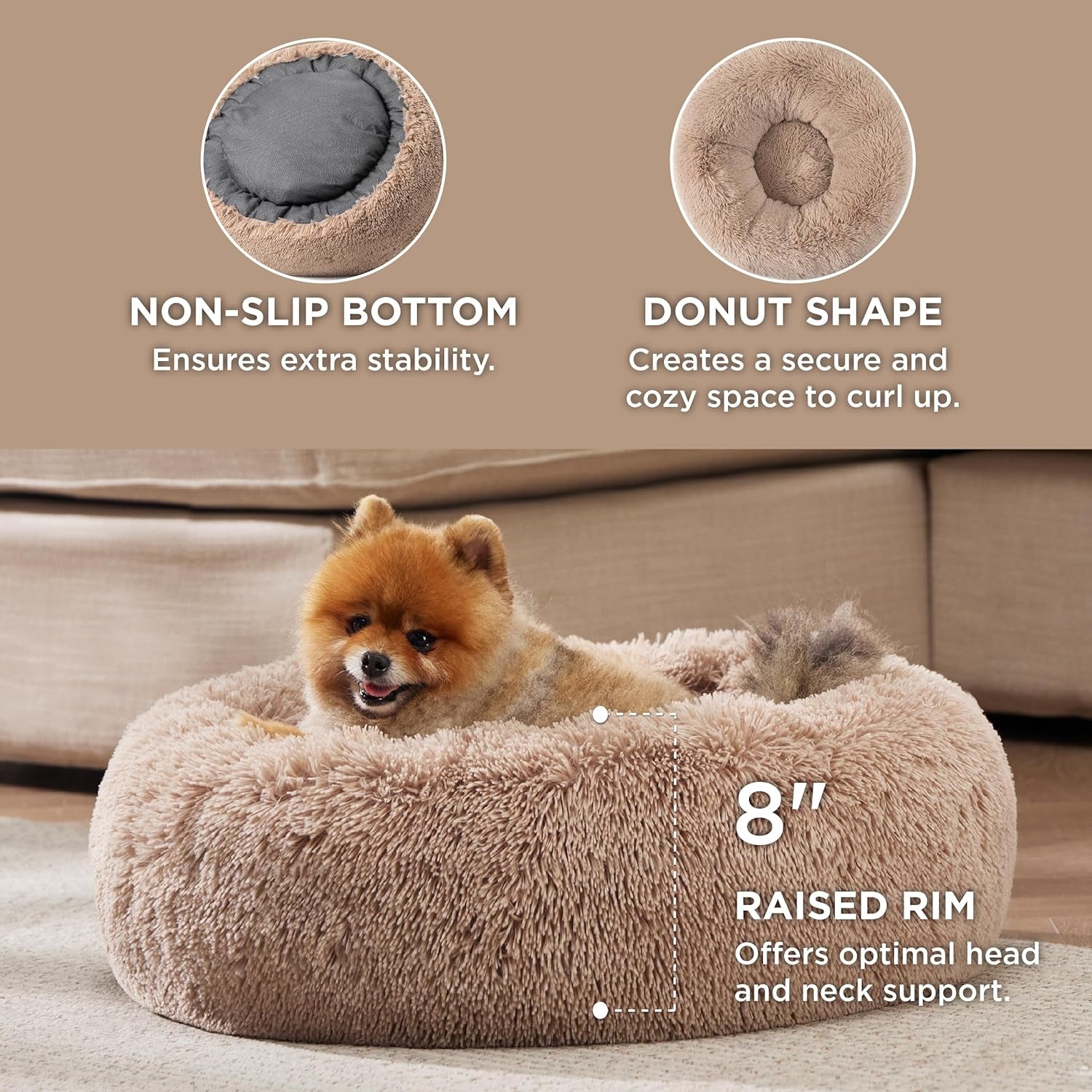 Cozy & Calm: Machine-Washable Round Plush Cat Bed - Anti-Slip 20" Fluffy Faux Fur for Cats up to 15 lbs - Stylish Camel Color