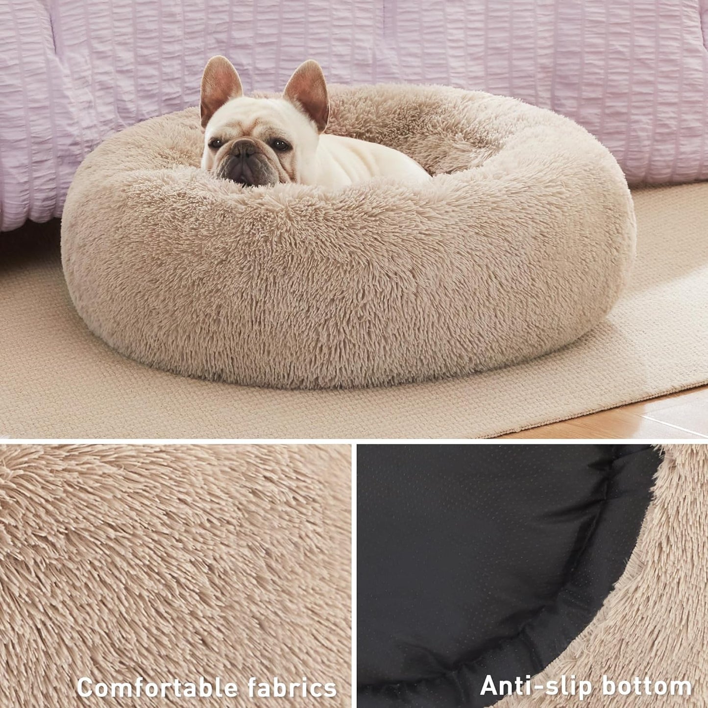 Premium Calming Donut Cat Bed - Fluffy Faux Fur Anti-Anxiety Pet Bed for Small to Medium Cats and Dogs - Washable Design, 24-Inch, Taupe