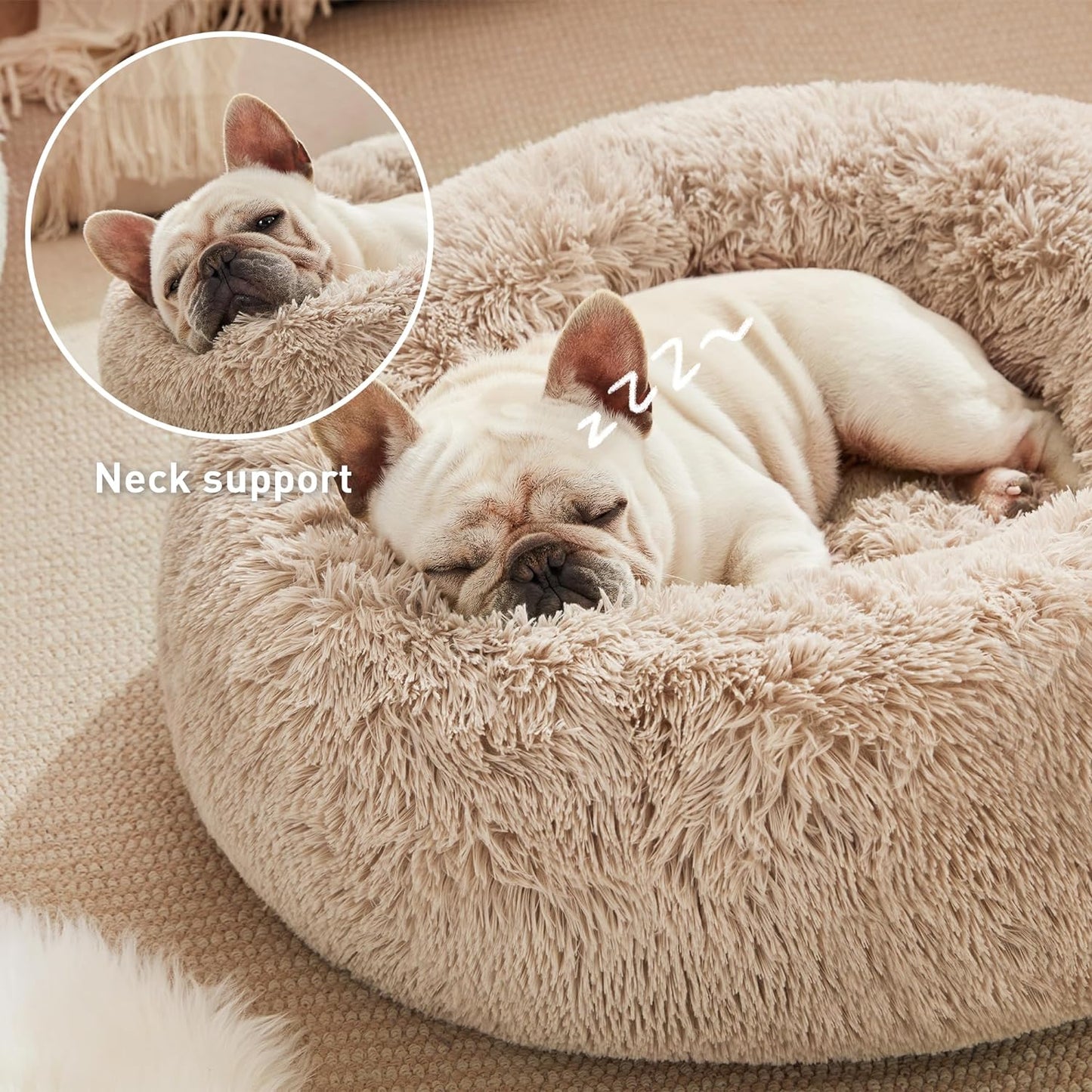 Premium Calming Donut Cat Bed - Fluffy Faux Fur Anti-Anxiety Pet Bed for Small to Medium Cats and Dogs - Washable Design, 24-Inch, Taupe