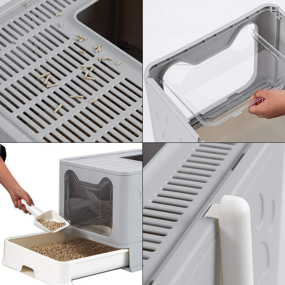 Foldable Large Enclosed Cat Litter Box with Scoop - Top & Front Entry Design in Stylish Gray