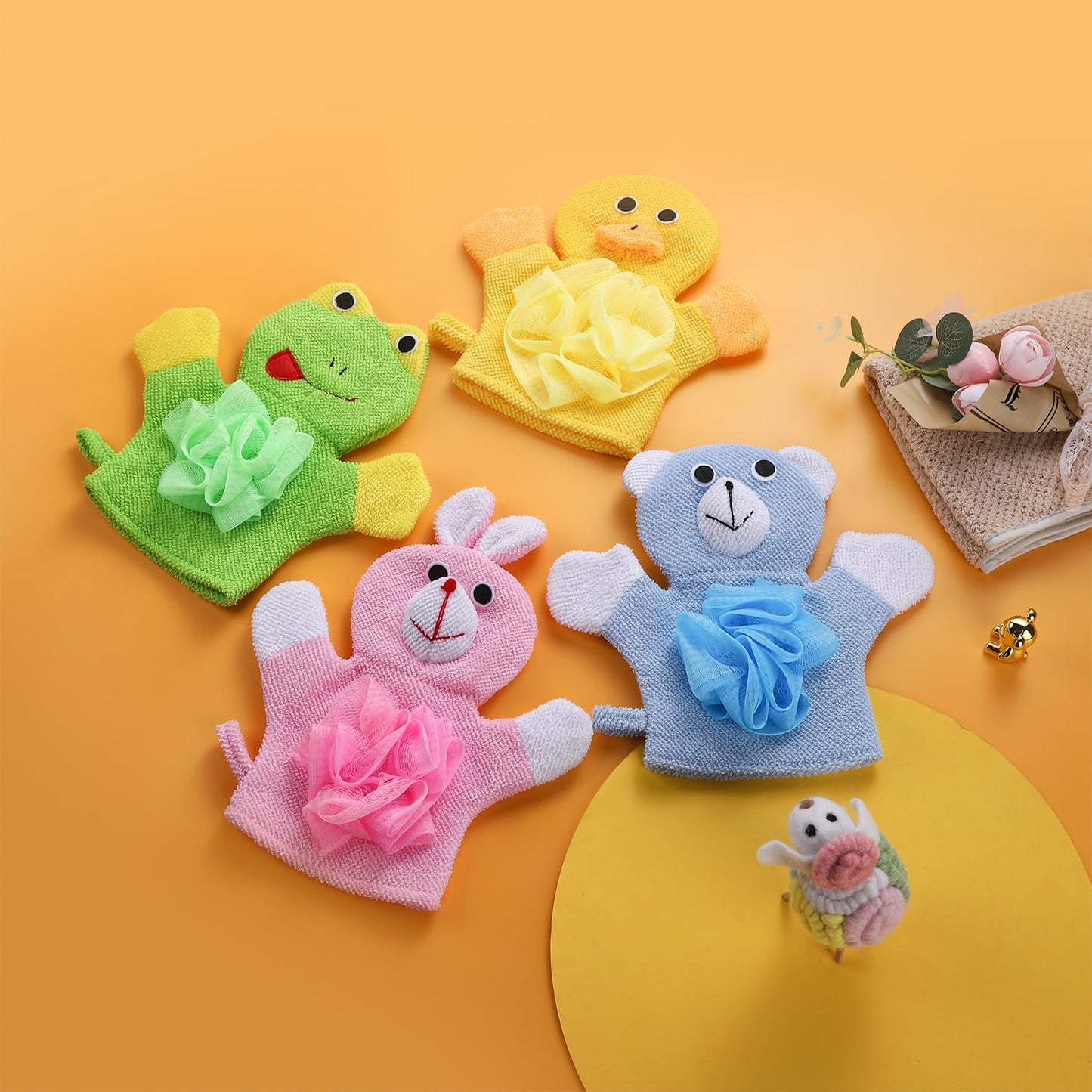 2 Pack Cute Animal Bathing Gloves Kids Sponges for Bathing Loofah Gloves Shower Kids Body Scrub (Duck and Rabbit)