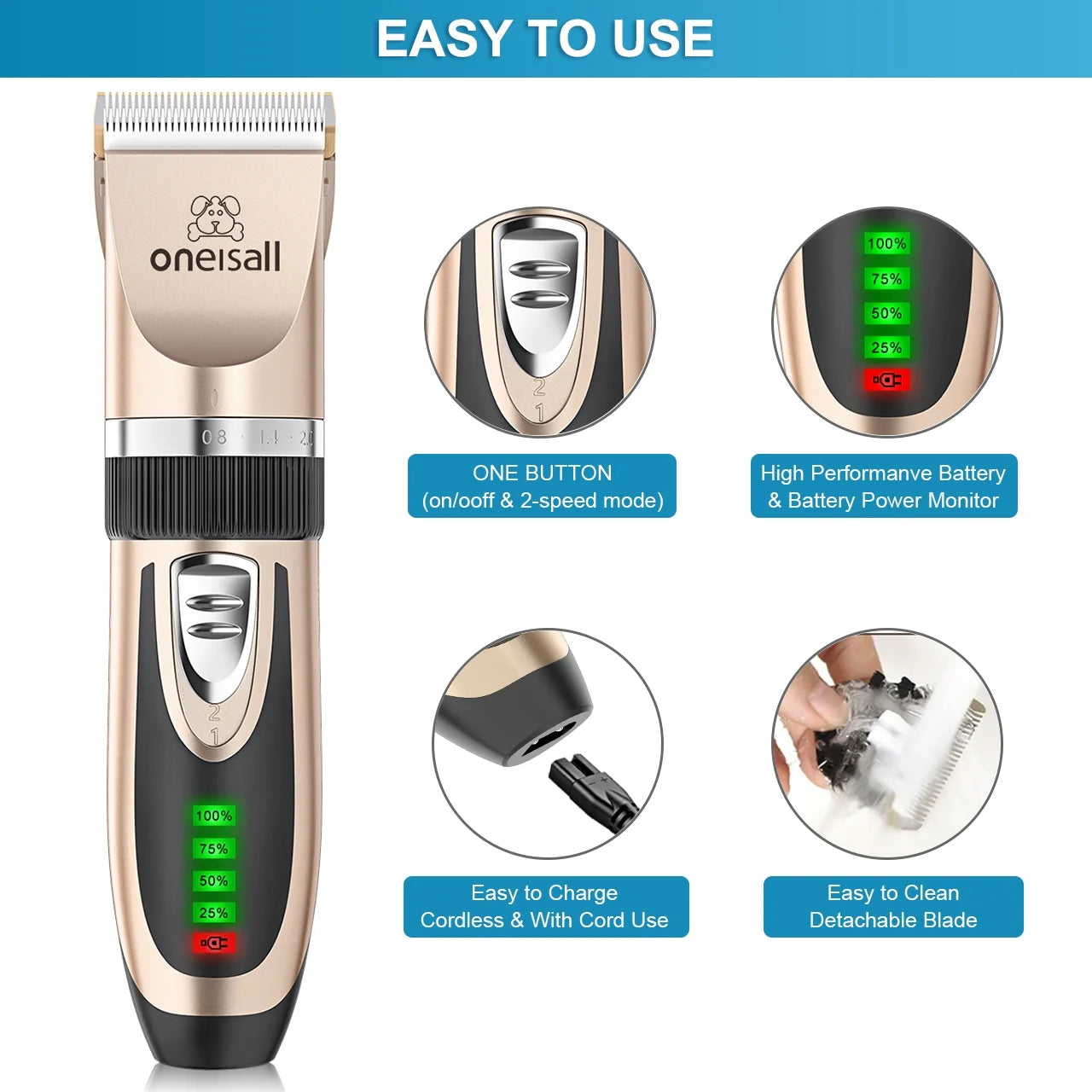 Dog Clippers 50Db Low Noise, 2-Speed Quiet Dog Grooming Kit Rechargeable Cordless Pet Hair Clipper Trimmer Shaver for Small and Large Dogs Cats Animals - Gold