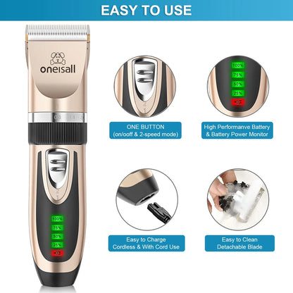 Dog Clippers 50Db Low Noise, 2-Speed Quiet Dog Grooming Kit Rechargeable Cordless Pet Hair Clipper Trimmer Shaver for Small and Large Dogs Cats Animals - Gold