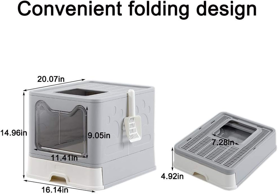 Foldable Large Enclosed Cat Litter Box with Scoop - Top & Front Entry Design in Stylish Gray