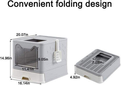 Foldable Large Enclosed Cat Litter Box with Scoop - Top & Front Entry Design in Stylish Gray