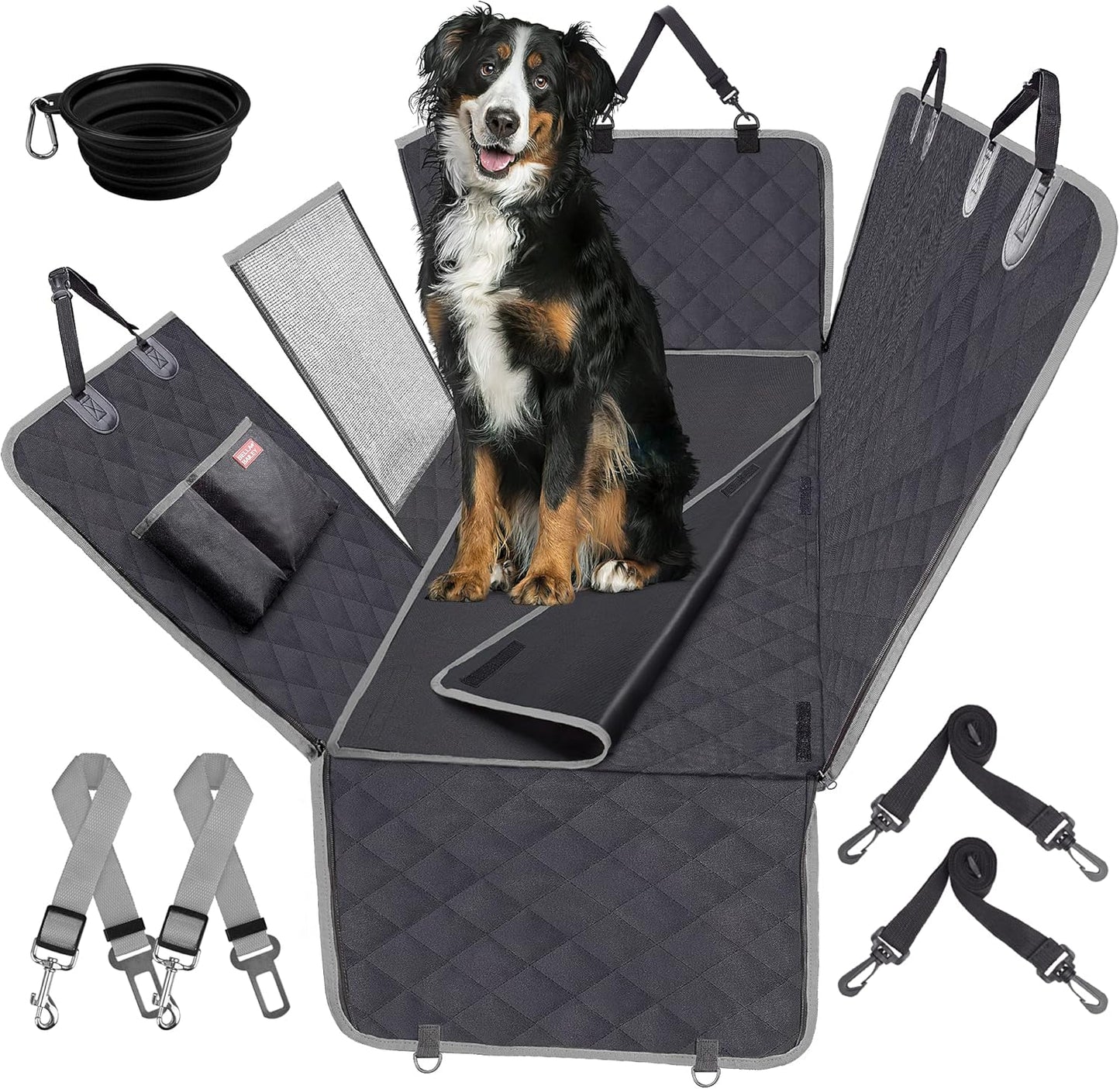 Ultimate Waterproof Dog Car Seat Cover with Mesh Window & Removable Pad - Scratch Proof Nonslip Hammock for Cars, Trucks, SUVs - Includes 2 Dog Seat Belts, Machine Washable!