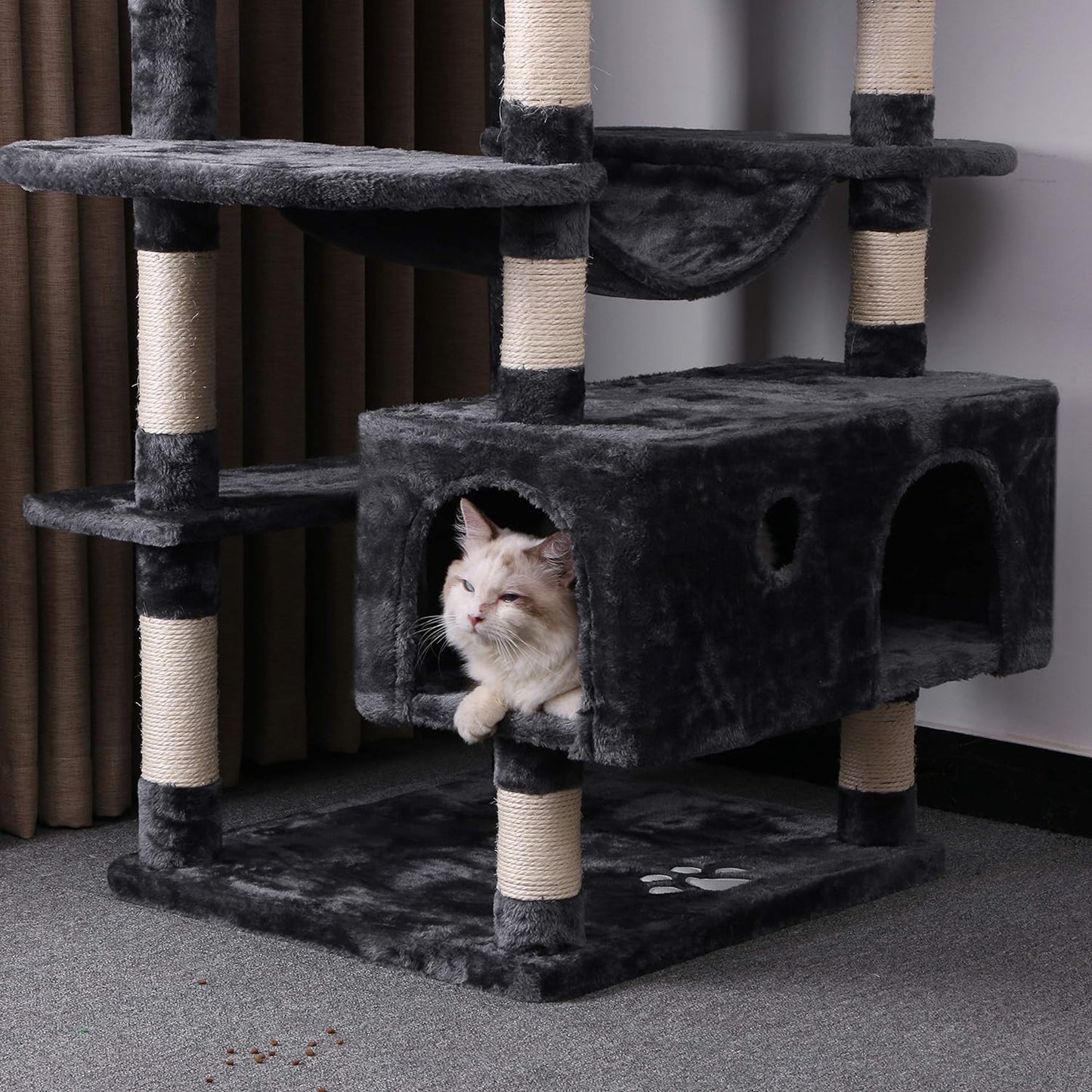 Large Cat Tree Condo with Scratching Posts, Perches & Hammock - Ultimate Indoor Cat Tower & Activity Center in Grey for Happy Kittens & Cats