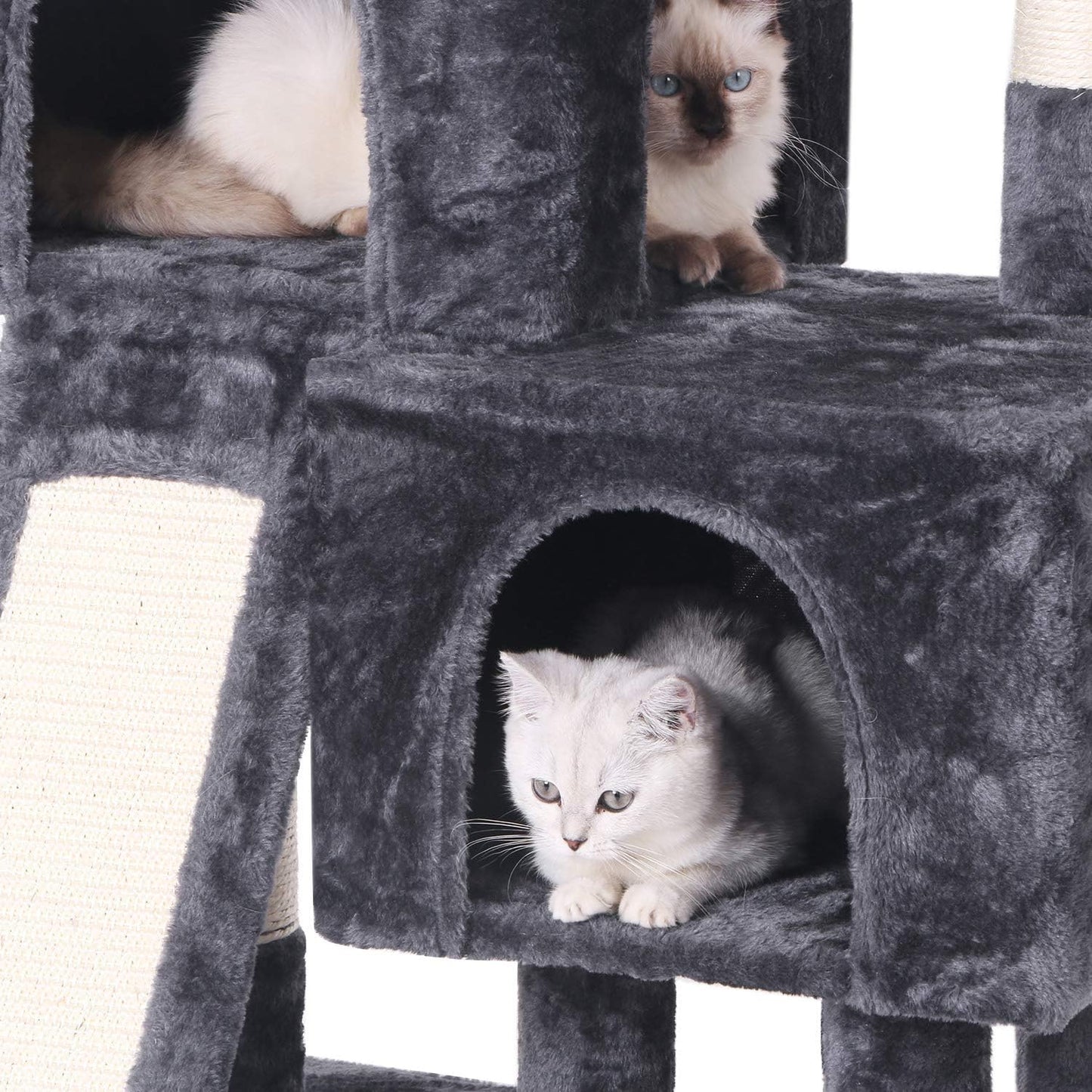 Ultimate Cat Tree Condo - Plush Perch, Dual Houses & Sisal Scratching Posts - Perfect Kitty Activity Center in Stylish Grey