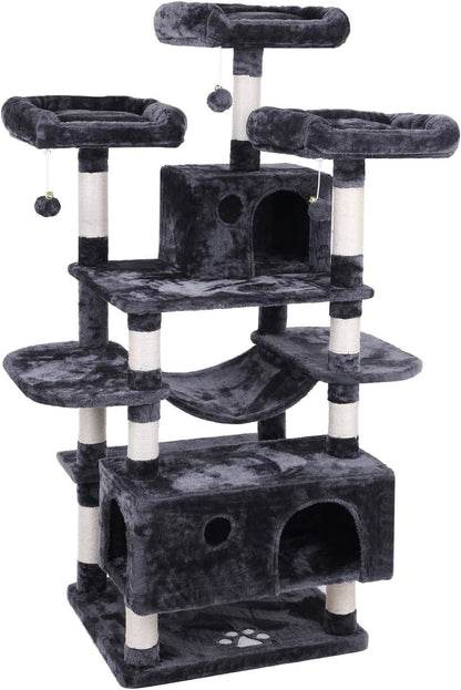 Large Cat Tree Condo with Scratching Posts, Perches & Hammock - Ultimate Indoor Cat Tower & Activity Center in Grey for Happy Kittens & Cats