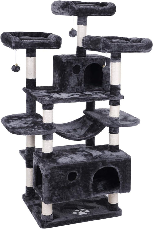 Large Cat Tree Condo with Scratching Posts, Perches & Hammock - Ultimate Indoor Cat Tower & Activity Center in Grey for Happy Kittens & Cats